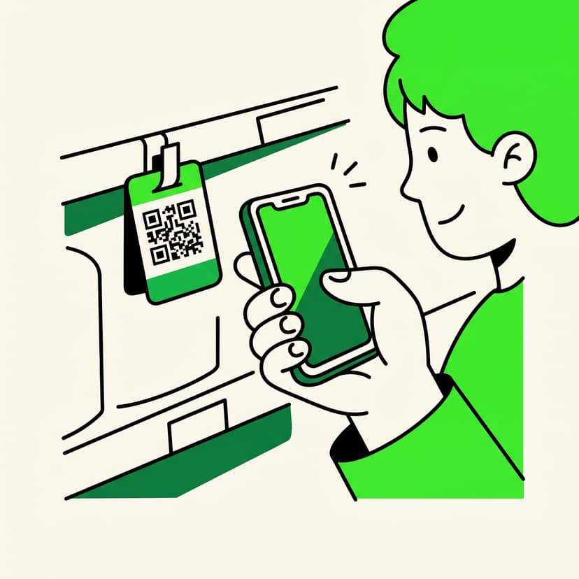 Hand holding phone over a shelf QR tag